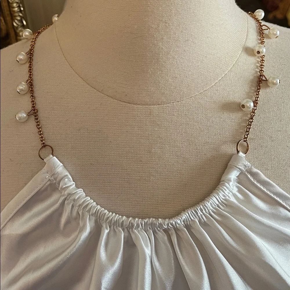 Nicole Miller white satin halter top, gold pearl-beaded necklace-style strap M - Picture 7 of 10